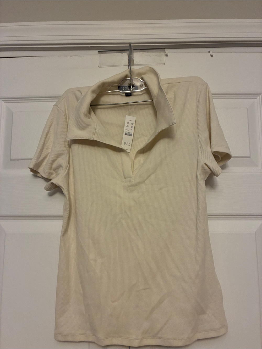 NWT J.Crew Perfect Rib Johnny-Collar Top Pale Ibis Cream Large